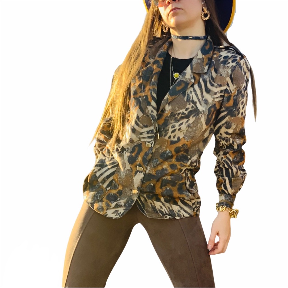 Vintage Jordana Jungle Animal Print Gold Buttons Fax Fur Blazer - Picture 4 of 16